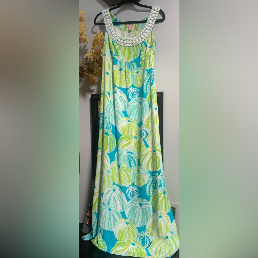 Lilly Pulitzer Blue and Green Sea Searchin Maxi Dress Sz 2